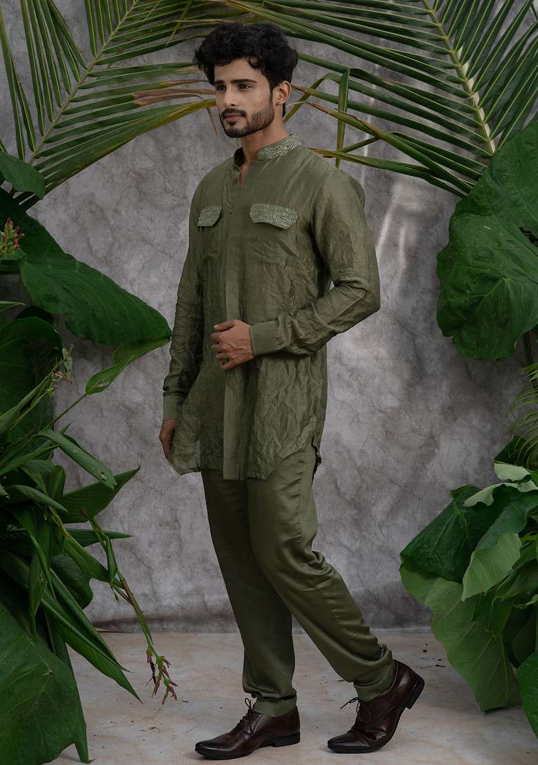Green Crushed And Embroidered Shirt Kurta Set For Men - Indya