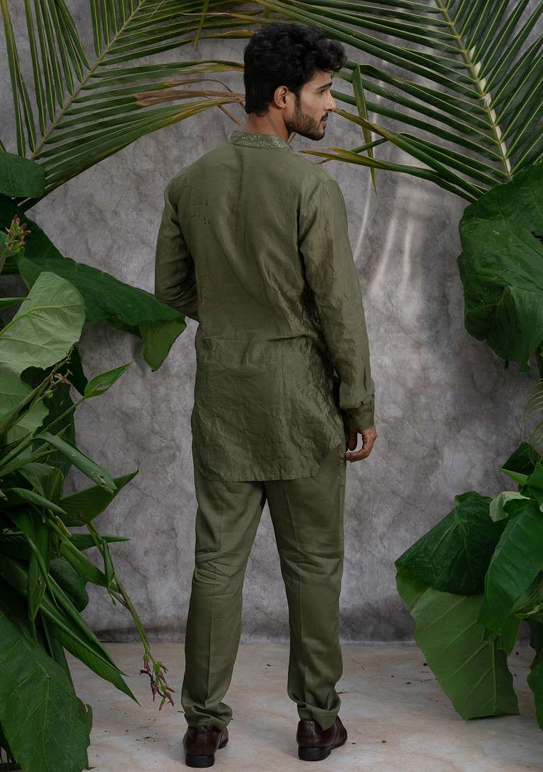 Green Crushed And Embroidered Shirt Kurta Set For Men - Indya