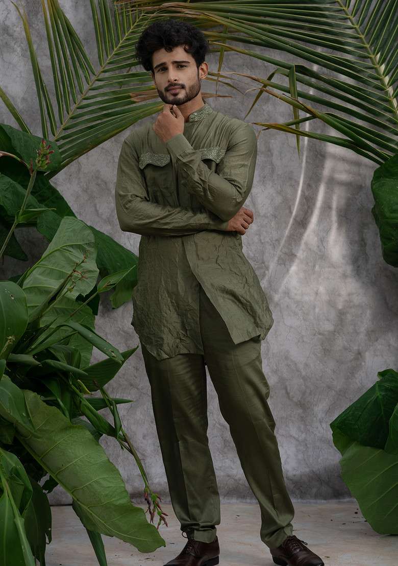Green Crushed And Embroidered Shirt Kurta Set For Men - Indya