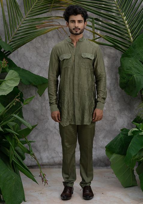 Green Crushed And Embroidered Shirt Kurta Set For Men