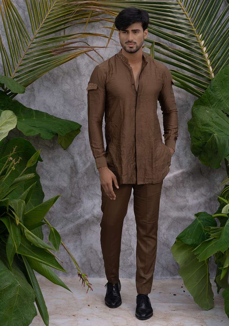 Brown Crushed And Embroidered Shirt Kurta Set For Men - Indya