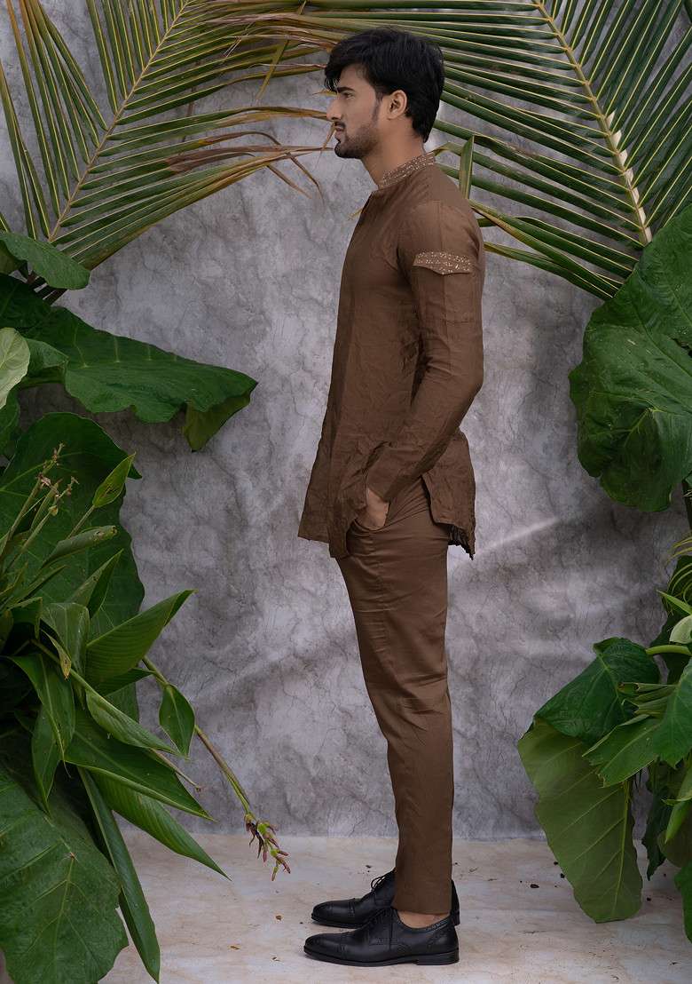 Brown Crushed And Embroidered Shirt Kurta Set For Men - Indya