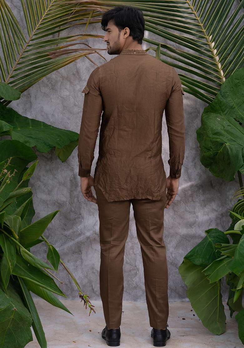 Brown Crushed And Embroidered Shirt Kurta Set For Men - Indya