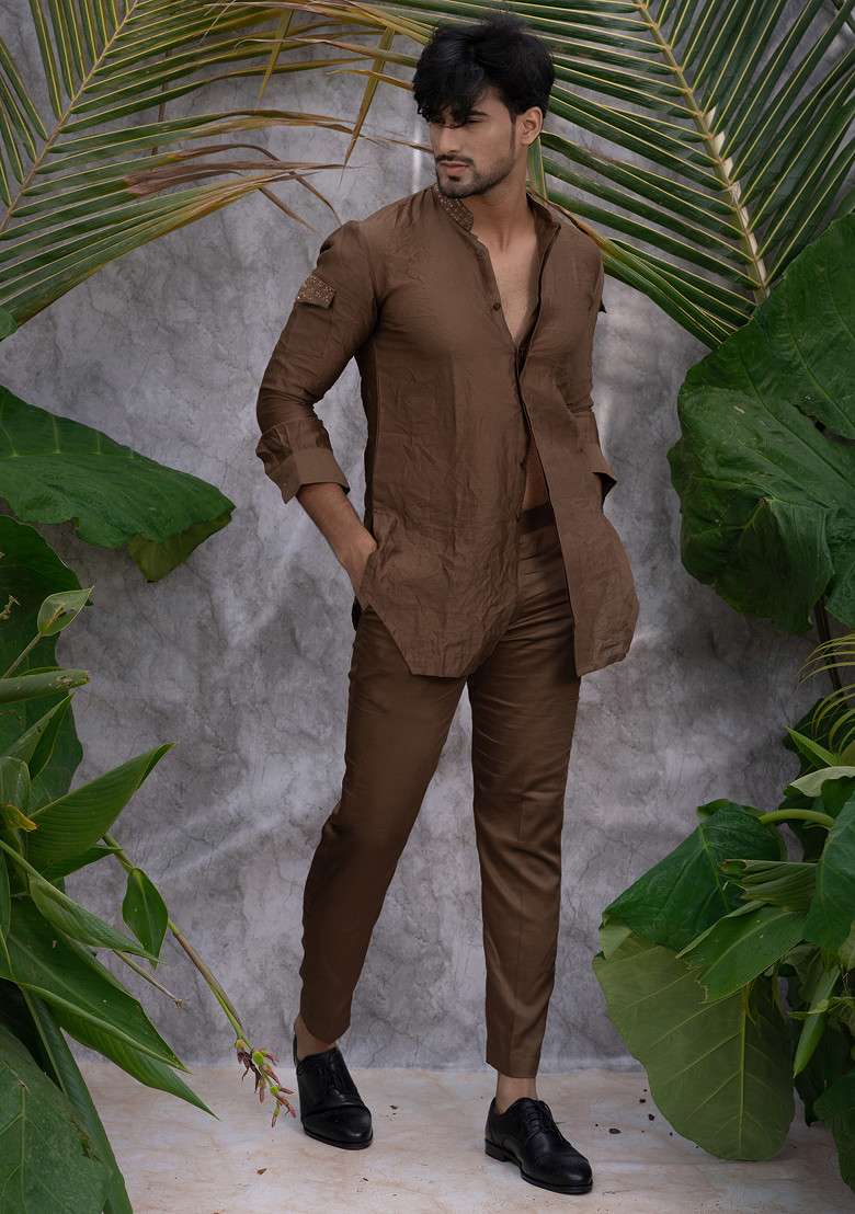 Brown Crushed And Embroidered Shirt Kurta Set For Men - Indya
