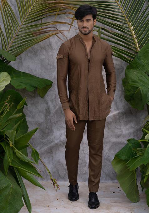 Brown Crushed And Embroidered Shirt Kurta Set For Men