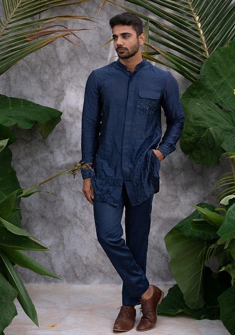 Blue Crushed And Embroidered Shirt Kurta Set For Men