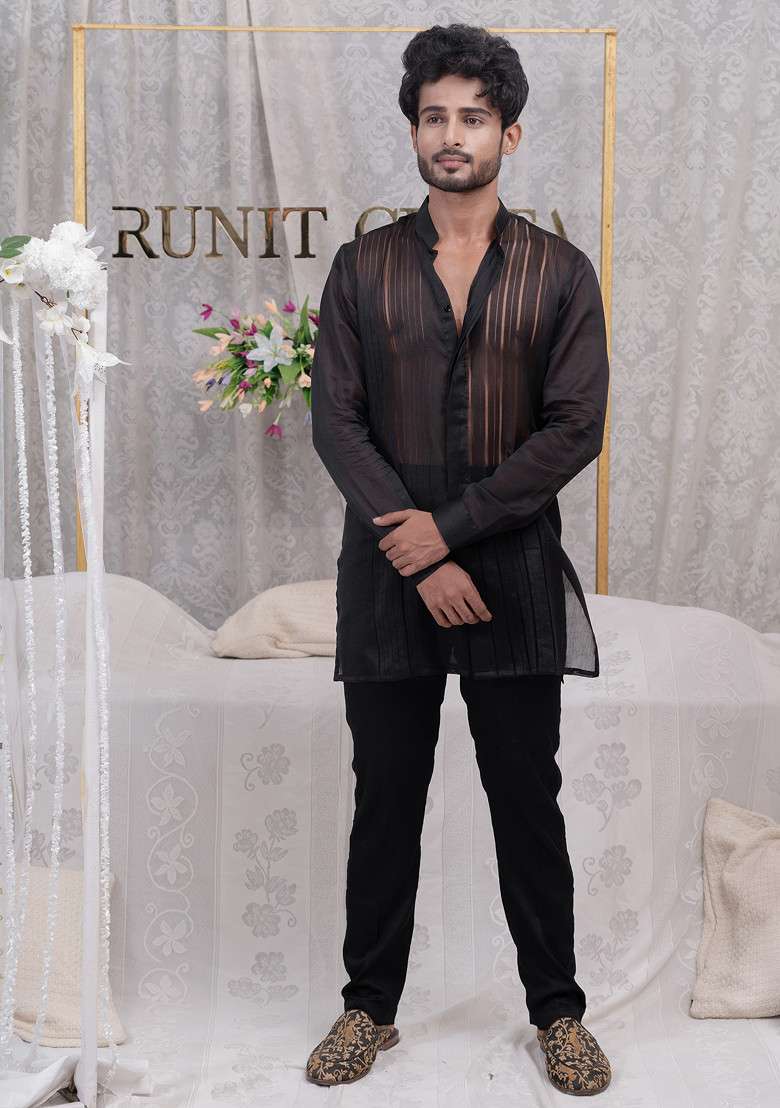 Black Pulled Thread Shirt Kurta Set For Men - Indya