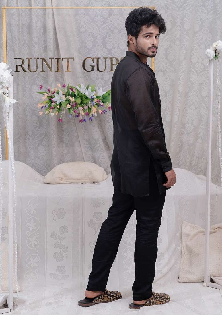 Black Pulled Thread Shirt Kurta Set For Men - Indya