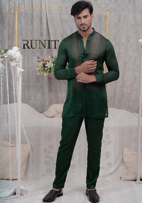 Green Pulled Thread Shirt Kurta Set For Men