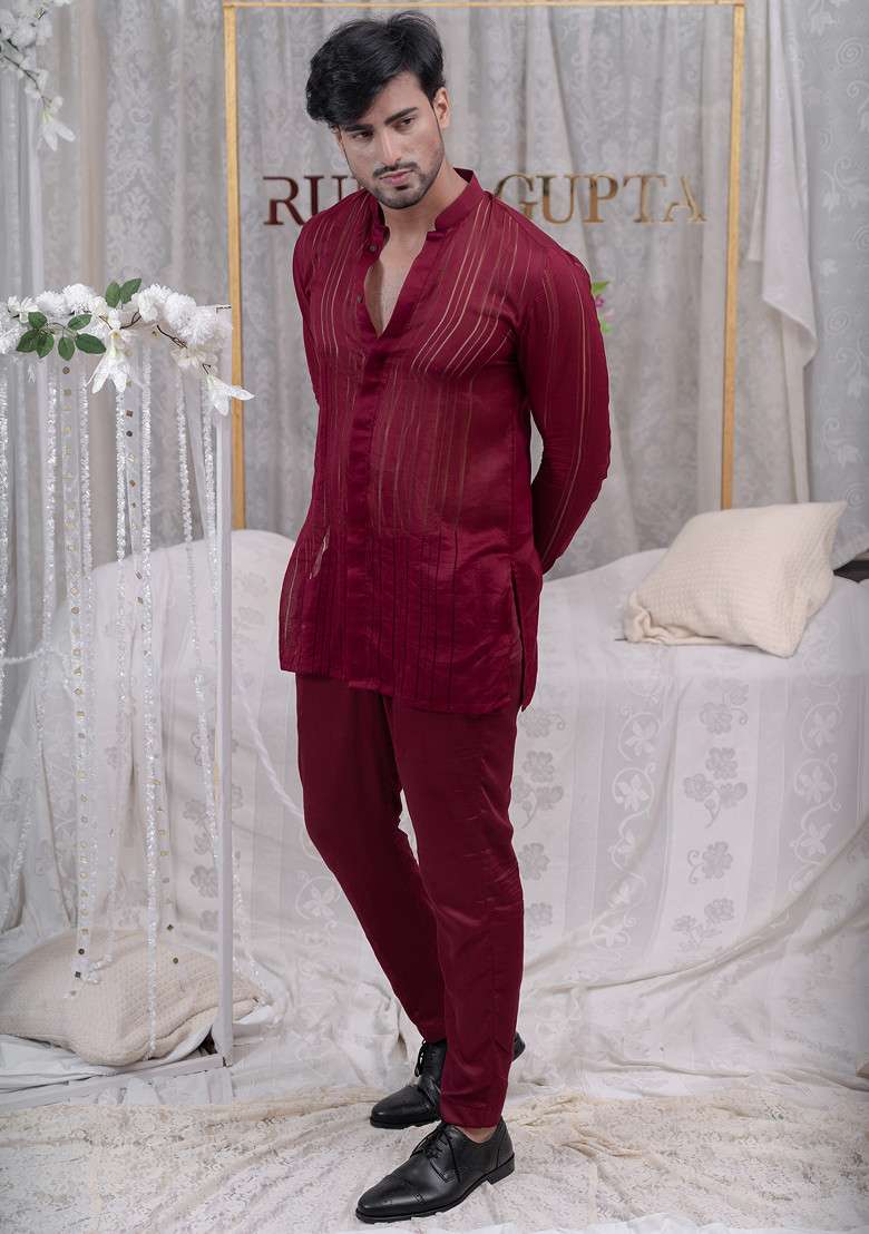 Maroon Pulled Thread Shirt Kurta Set - Indya