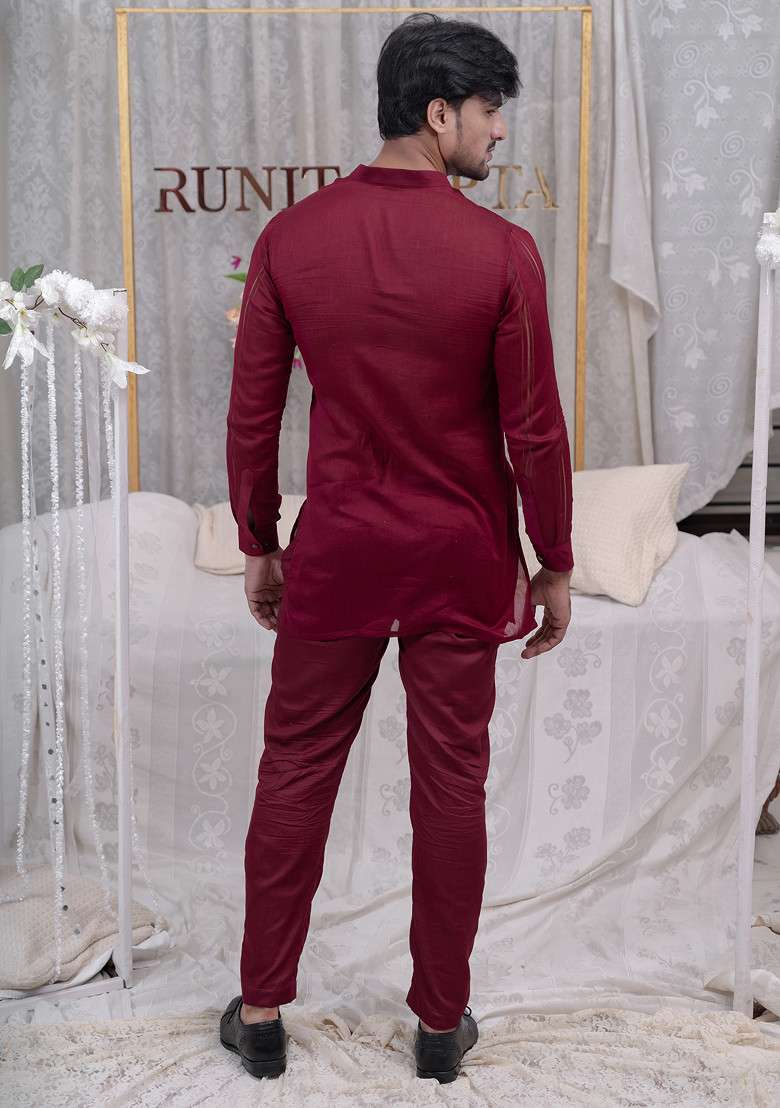 Maroon Pulled Thread Shirt Kurta Set - Indya
