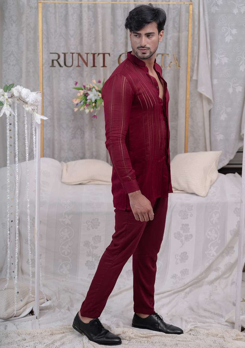 Maroon Pulled Thread Shirt Kurta Set - Indya