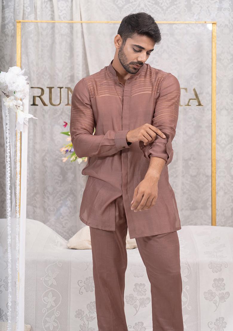 Pink - Thread Buti Cotton Long Plain Kurta for Men 01