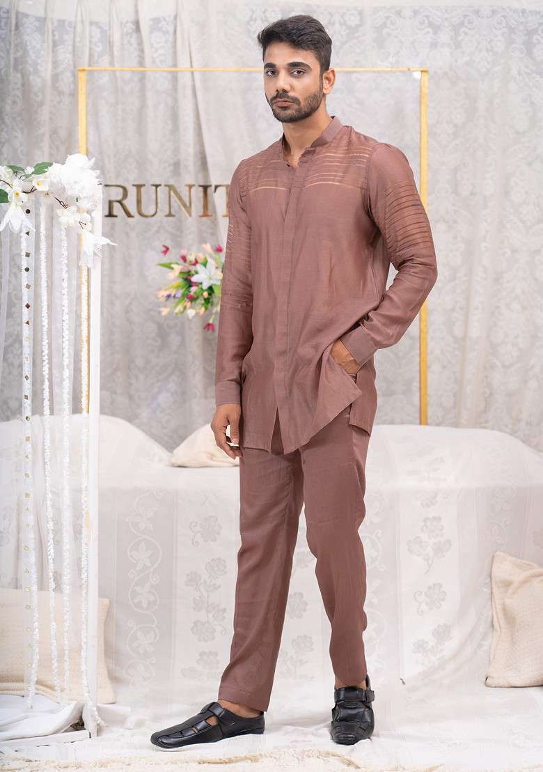 Pink Pulled Thread Shirt Kurta Set For Men - Indya