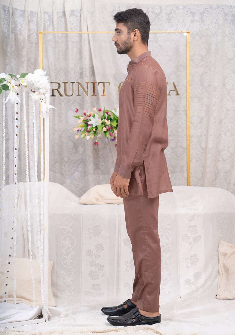 Pink Pulled Thread Shirt Kurta Set For Men - Indya