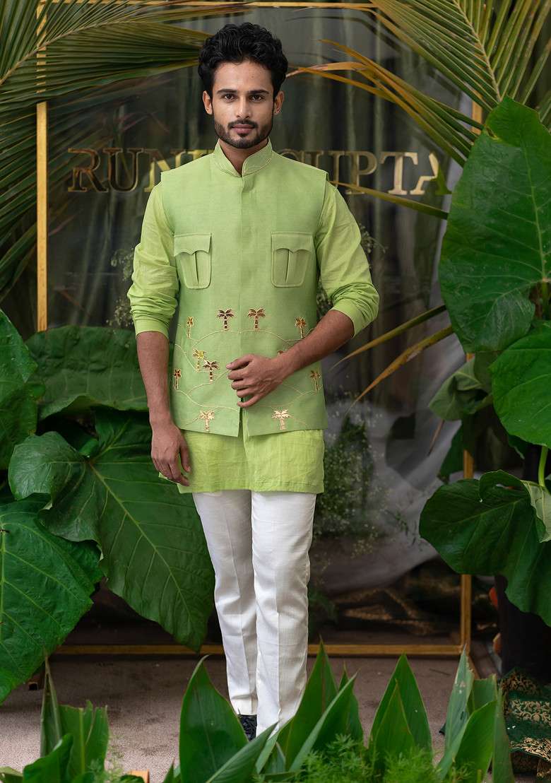 Lime Hand Embroidered Kurta Set For Men - Indya