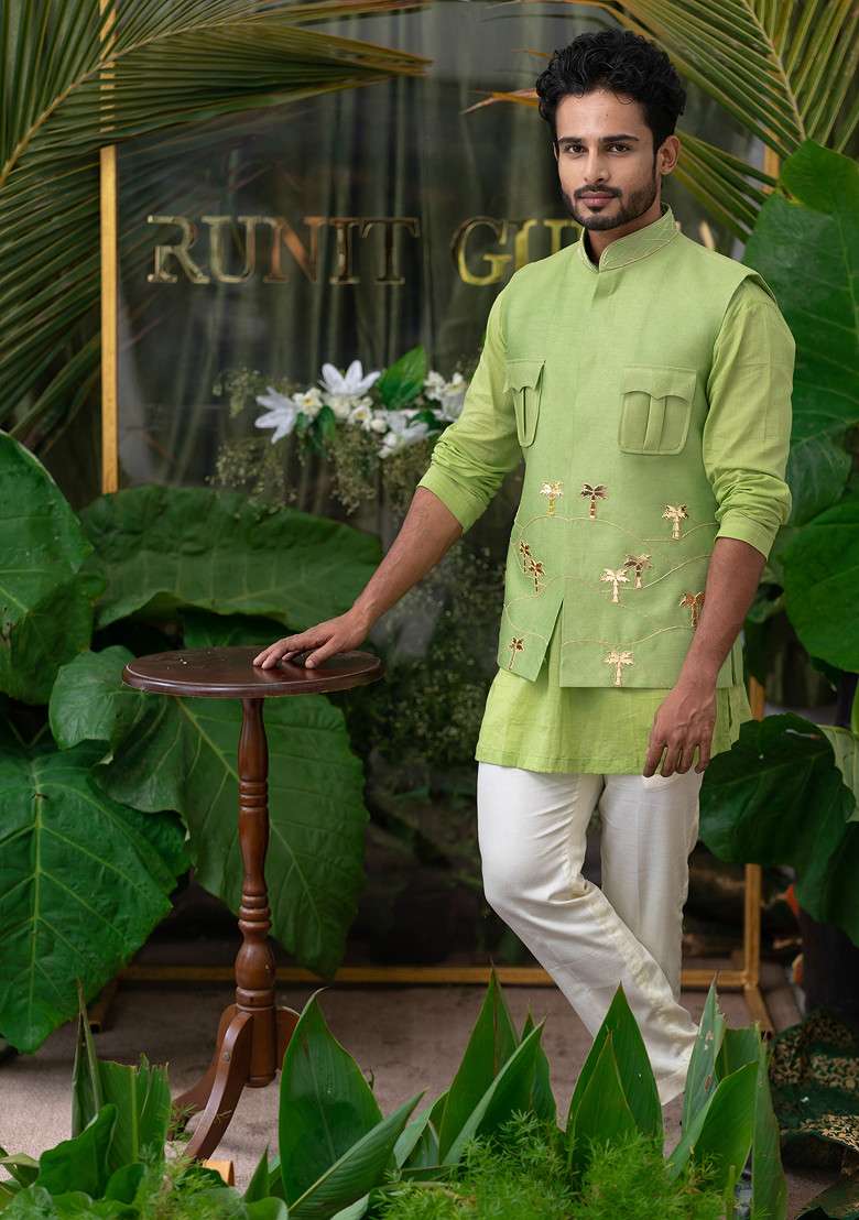 Lime Hand Embroidered Kurta Set For Men - Indya