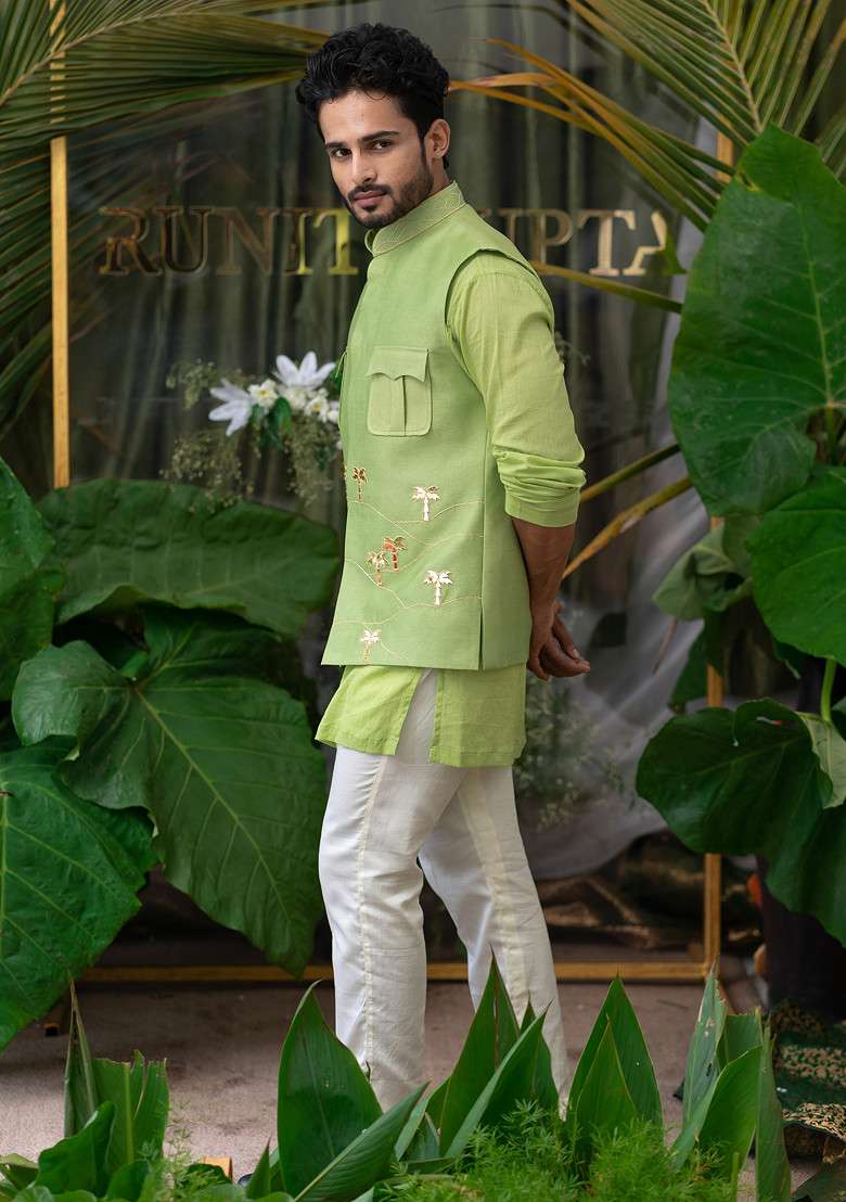 Lime Hand Embroidered Kurta Set For Men - Indya