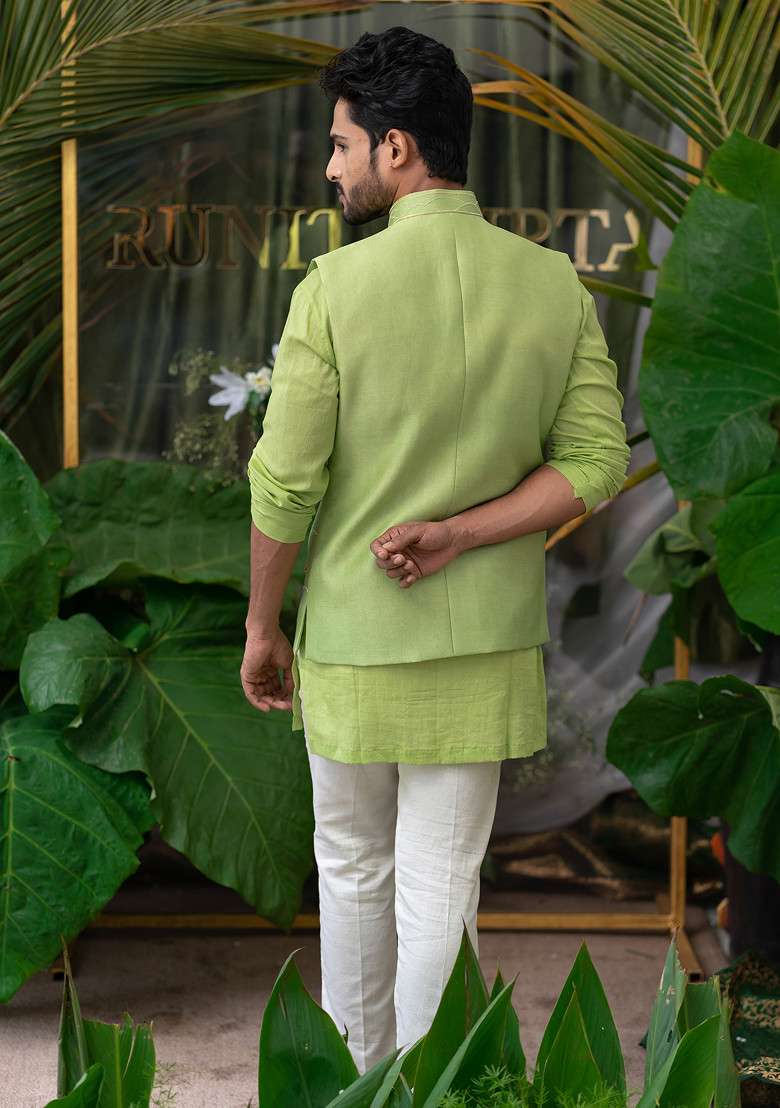 Lime Hand Embroidered Kurta Set For Men - Indya
