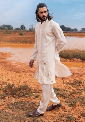 Sand Brown Hand Embroidered Kurta Set For Men