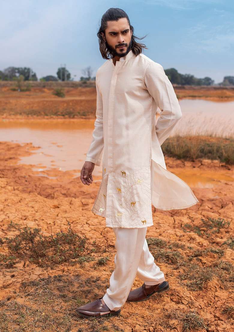 Sand Brown Hand Embroidered Kurta Set For Men - Indya