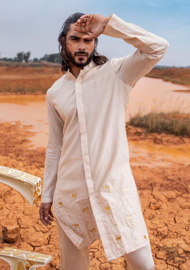 Sand Brown Hand Embroidered Kurta Set For Men - Indya