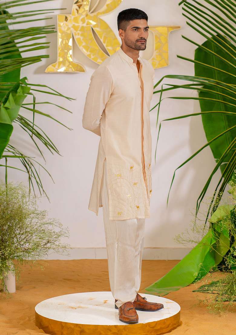 Sand Brown Hand Embroidered Kurta Set For Men - Indya