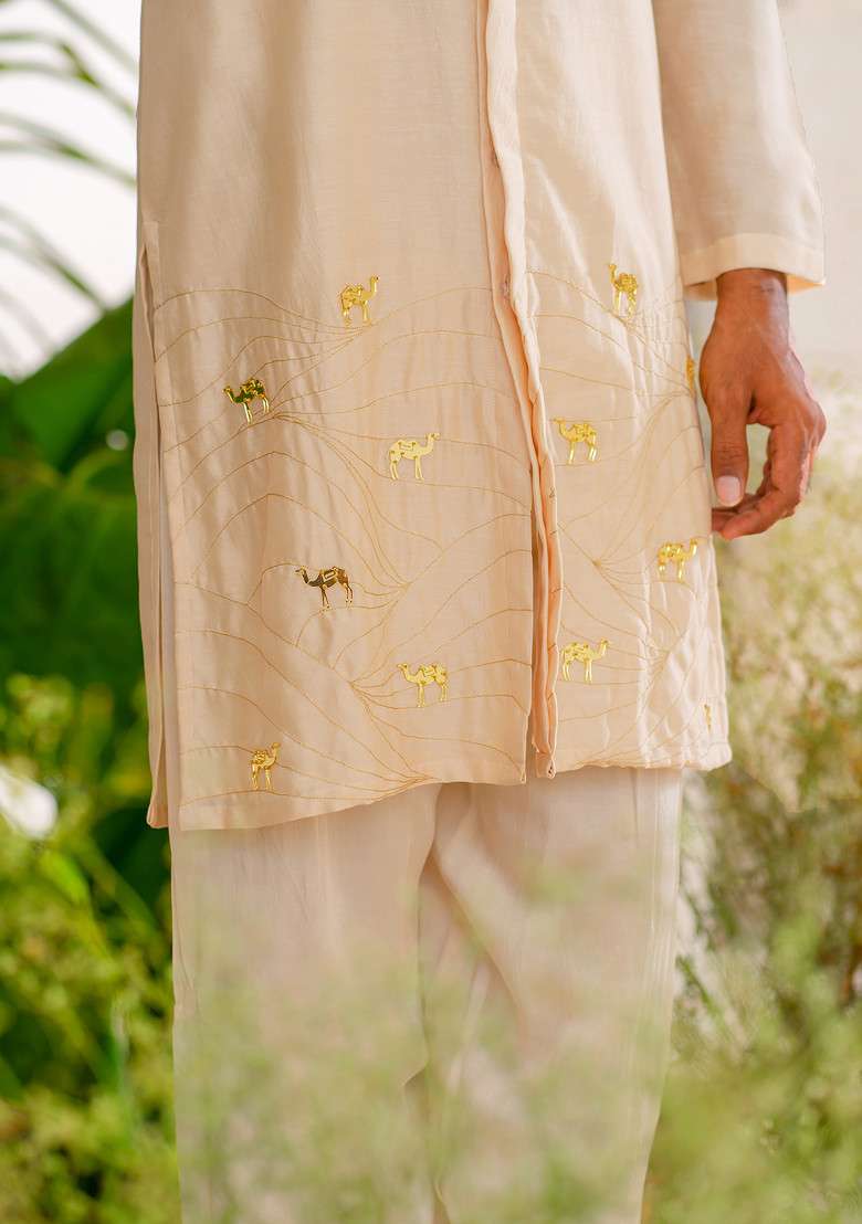 Sand Brown Hand Embroidered Kurta Set For Men - Indya
