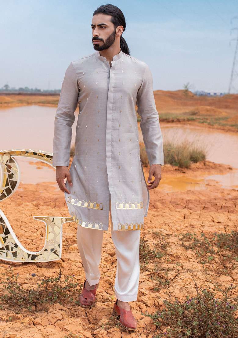 Grey Hand Embroidered Silk Blend Kurta Set For Men - Indya