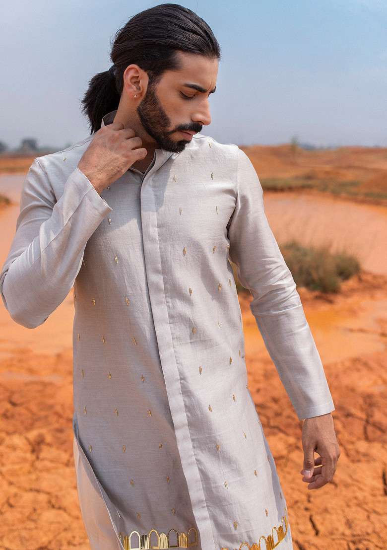 Grey Hand Embroidered Silk Blend Kurta Set For Men - Indya