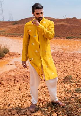 Yellow Hand Embroidered Silk Kurta Set For Men