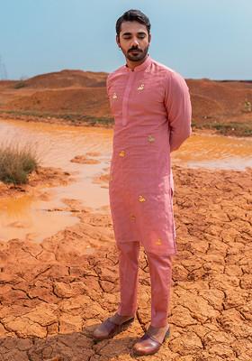 Dusty Coral Hand Embroidered Vegan Silk Kurta Set For Men