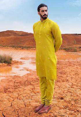Green Hand Embroidered Vegan Silk Kurta Set For Men