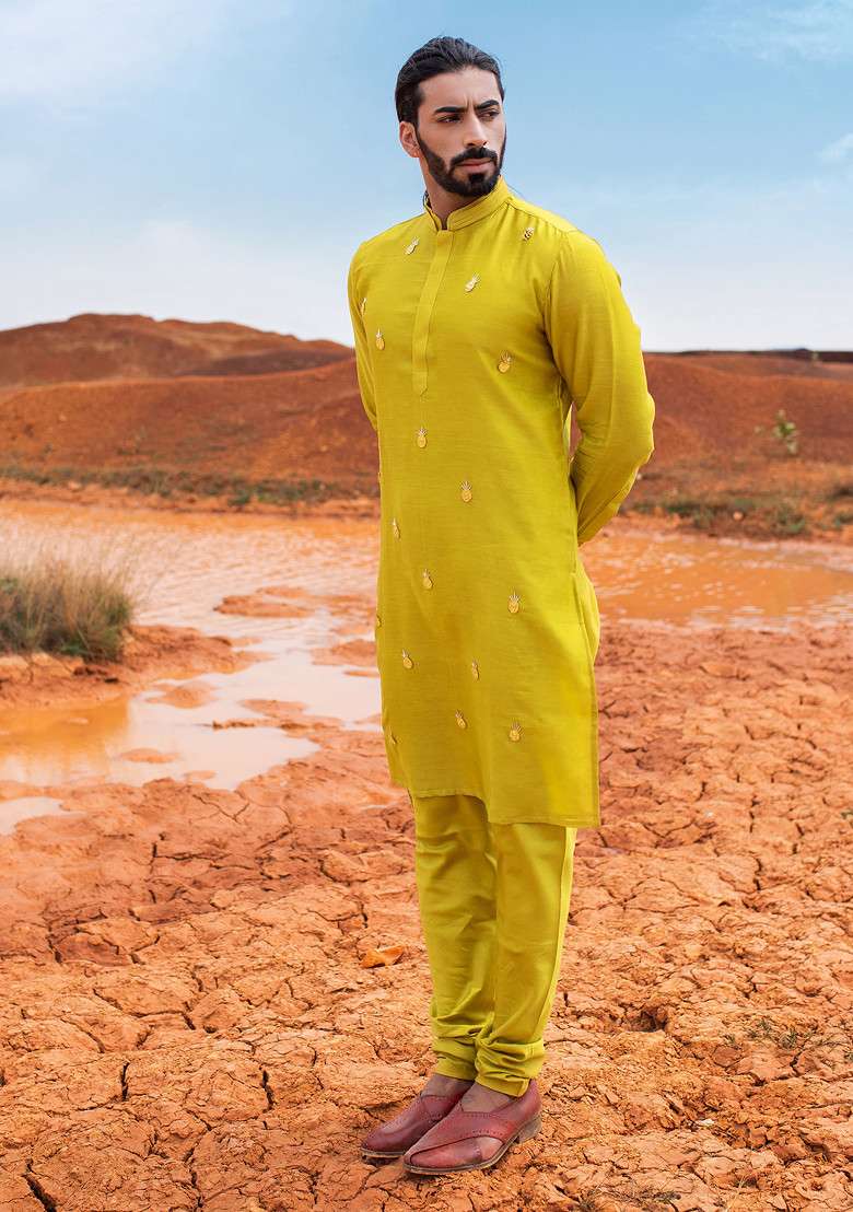 Green Hand Embroidered Vegan Silk Blend Kurta Set For Men - Indya