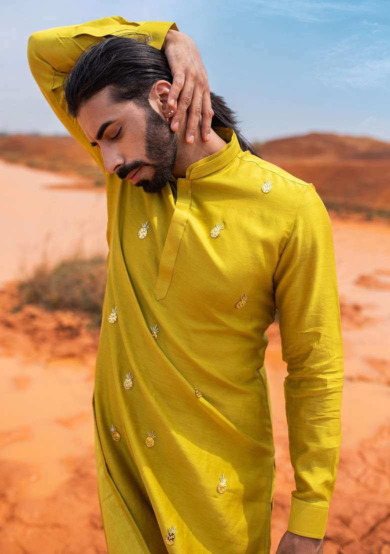 Green Hand Embroidered Vegan Silk Blend Kurta Set For Men - Indya