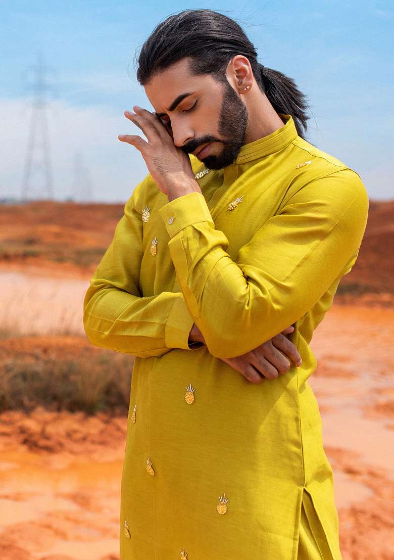 Green Hand Embroidered Vegan Silk Blend Kurta Set For Men - Indya