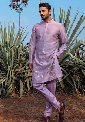 Lavender Hand Embroidered Silk Kurta Set For Men