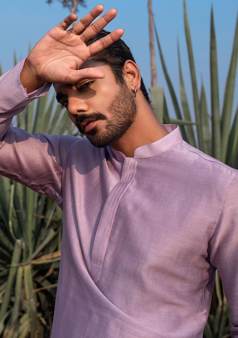 Lavender Hand Embroidered Silk Kurta Set For Men - Indya