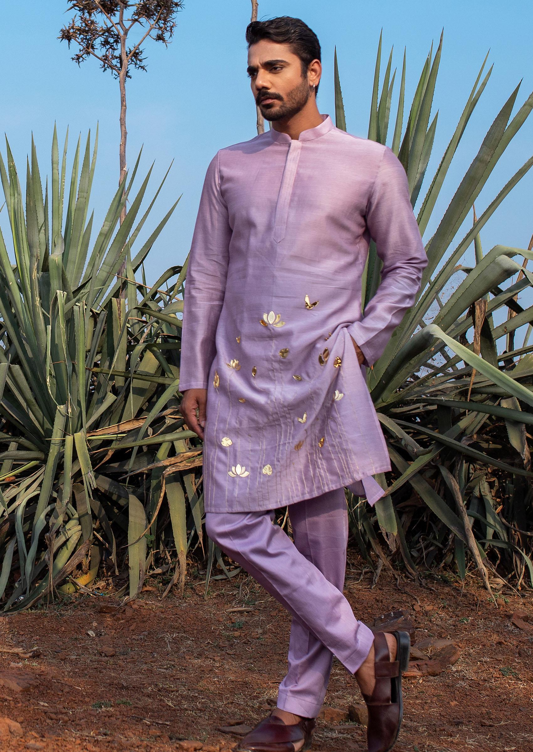 Lavender Hand Embroidered Silk Kurta Set For Men - Indya