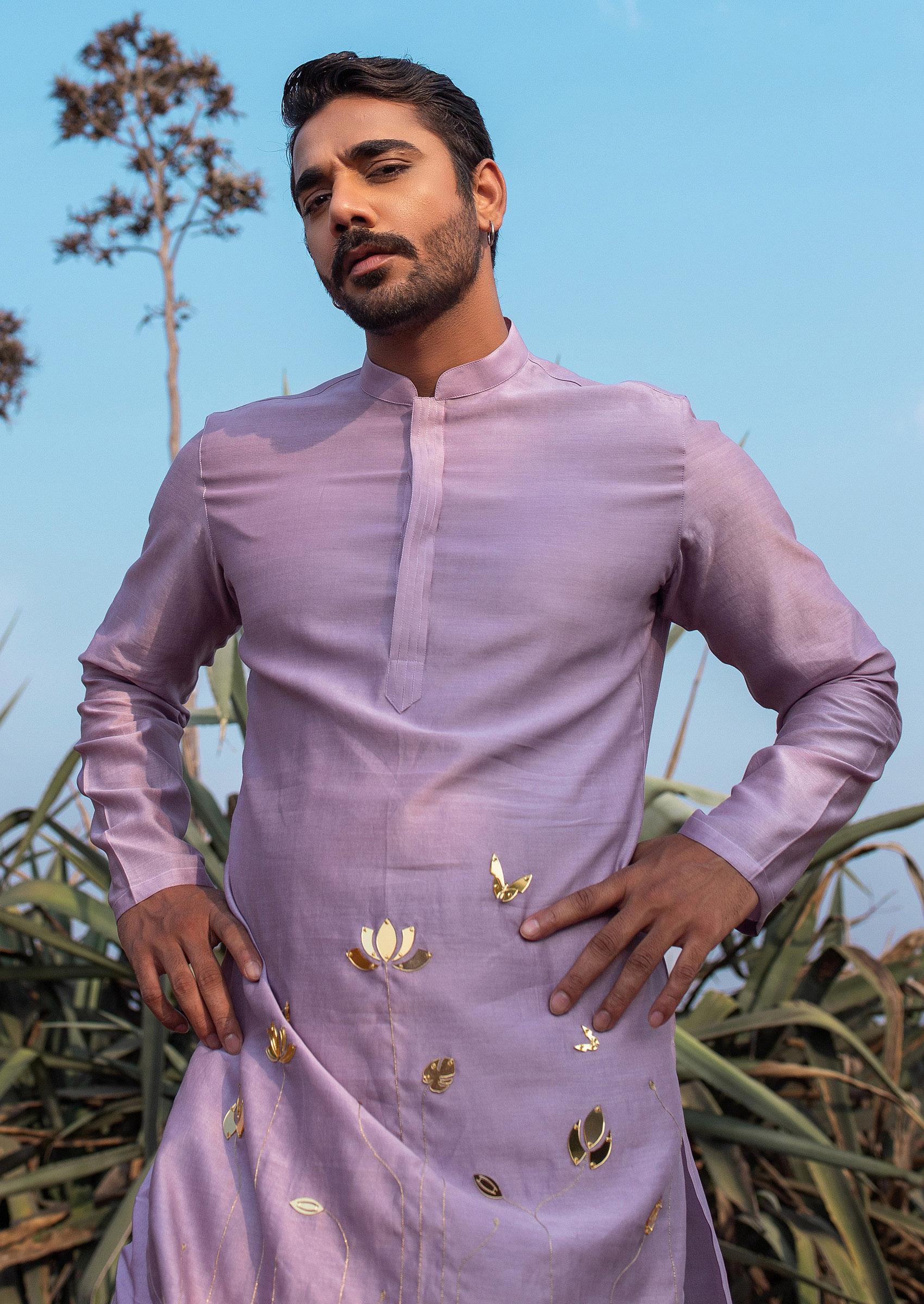 Lavender Hand Embroidered Silk Kurta Set For Men - Indya