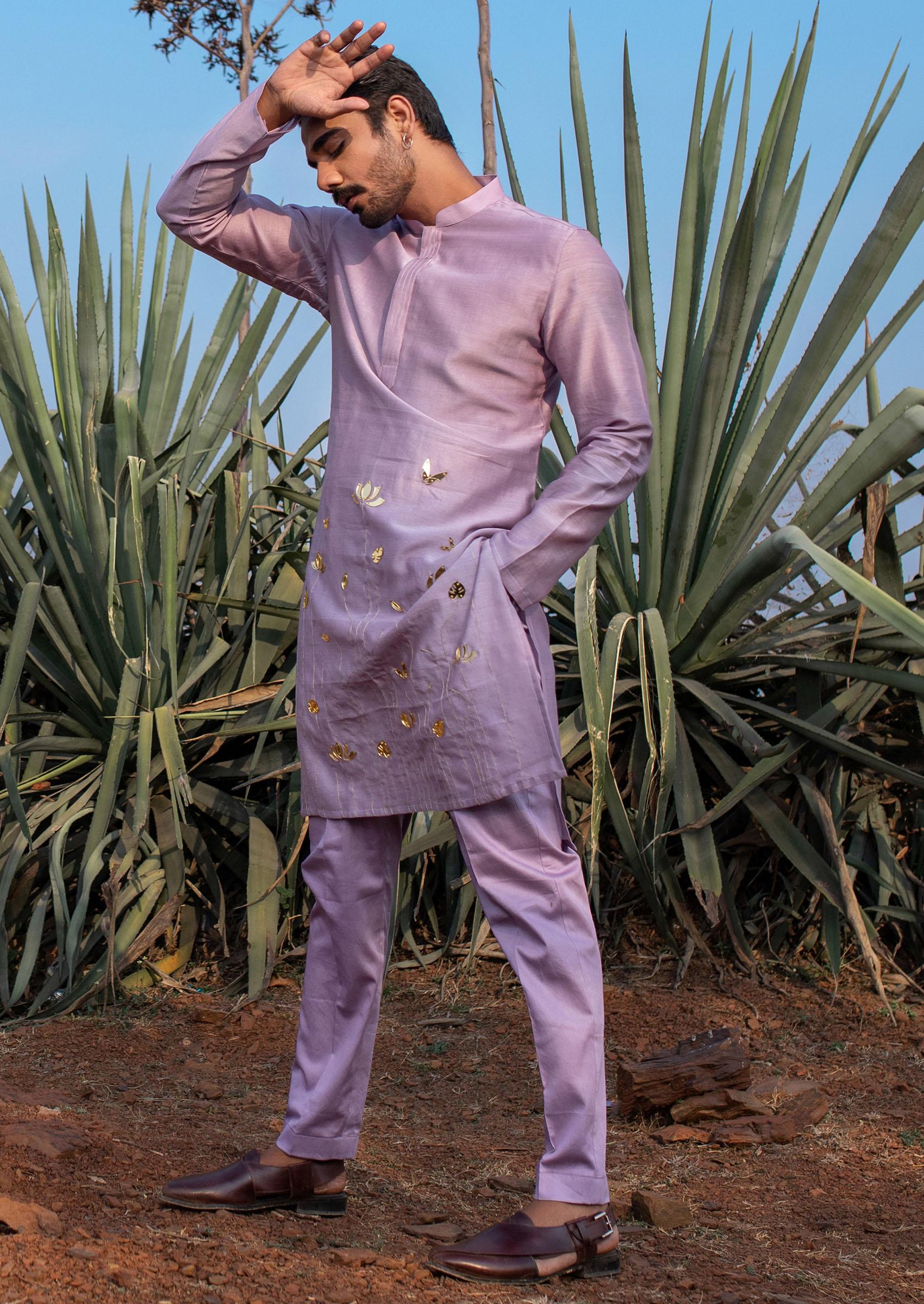 Lavender Hand Embroidered Silk Kurta Set For Men - Indya