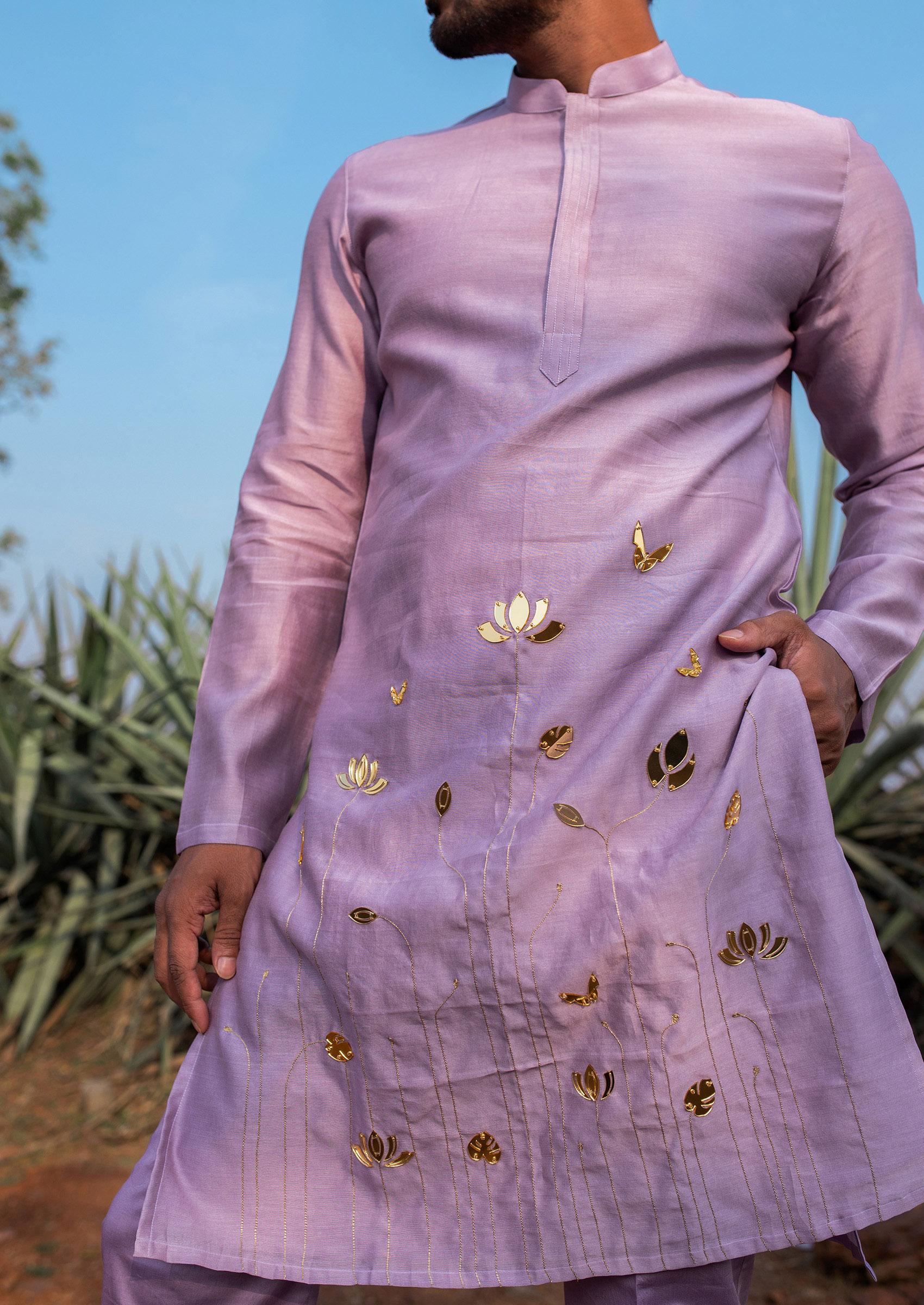 Lavender Hand Embroidered Silk Kurta Set For Men - Indya