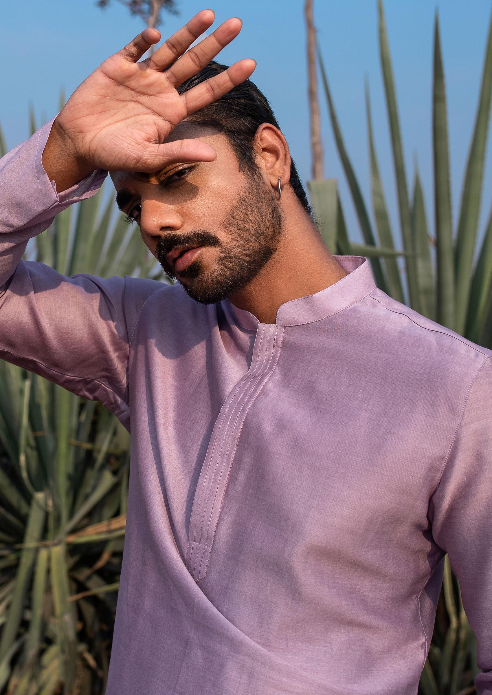 Lavender Hand Embroidered Silk Kurta Set For Men - Indya
