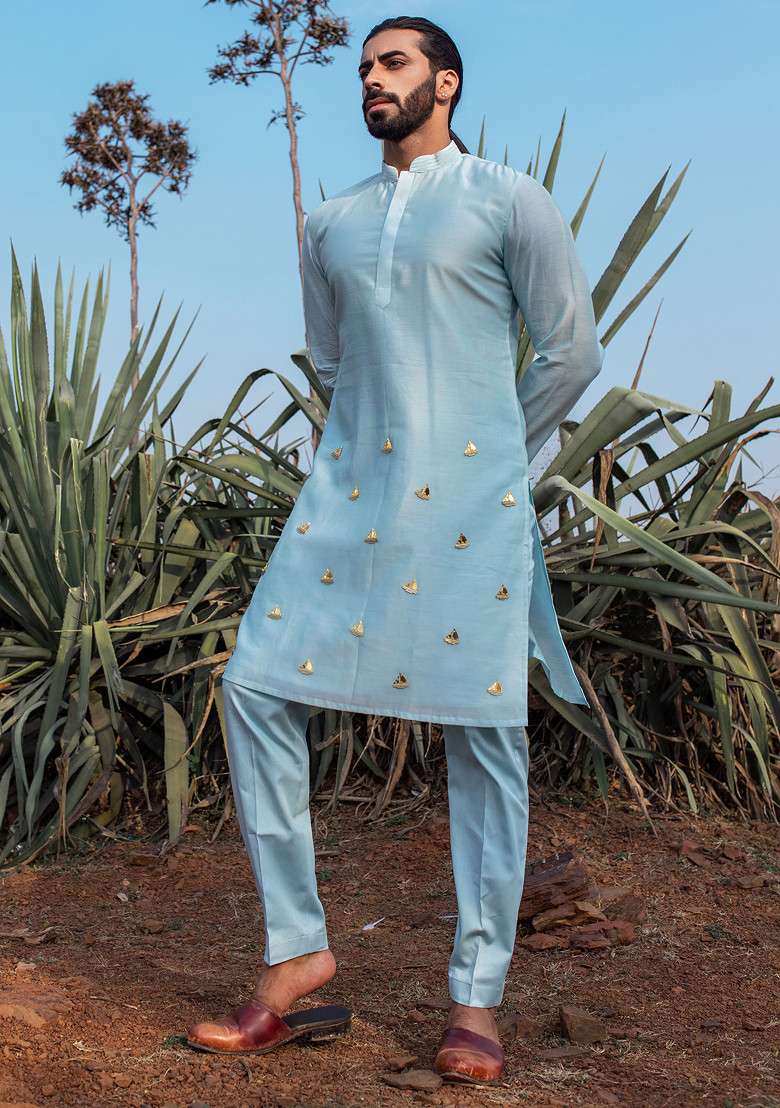 Aqua Blue Hand Embroidered Vegan Silk Blend Kurta Set For Men - Indya