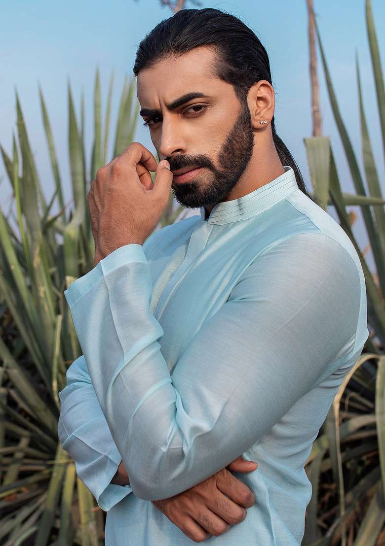Aqua Blue Hand Embroidered Vegan Silk Blend Kurta Set For Men - Indya