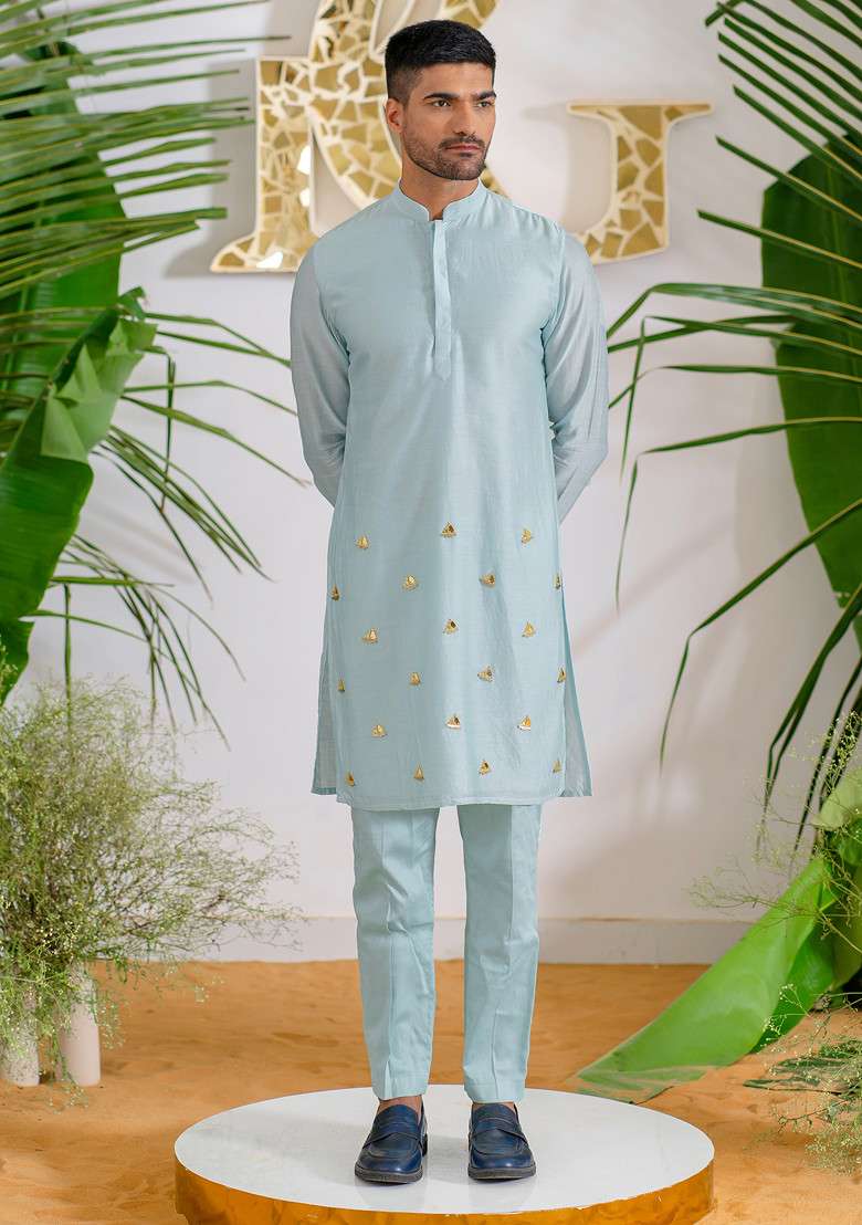 Aqua Blue Hand Embroidered Vegan Silk Blend Kurta Set For Men - Indya