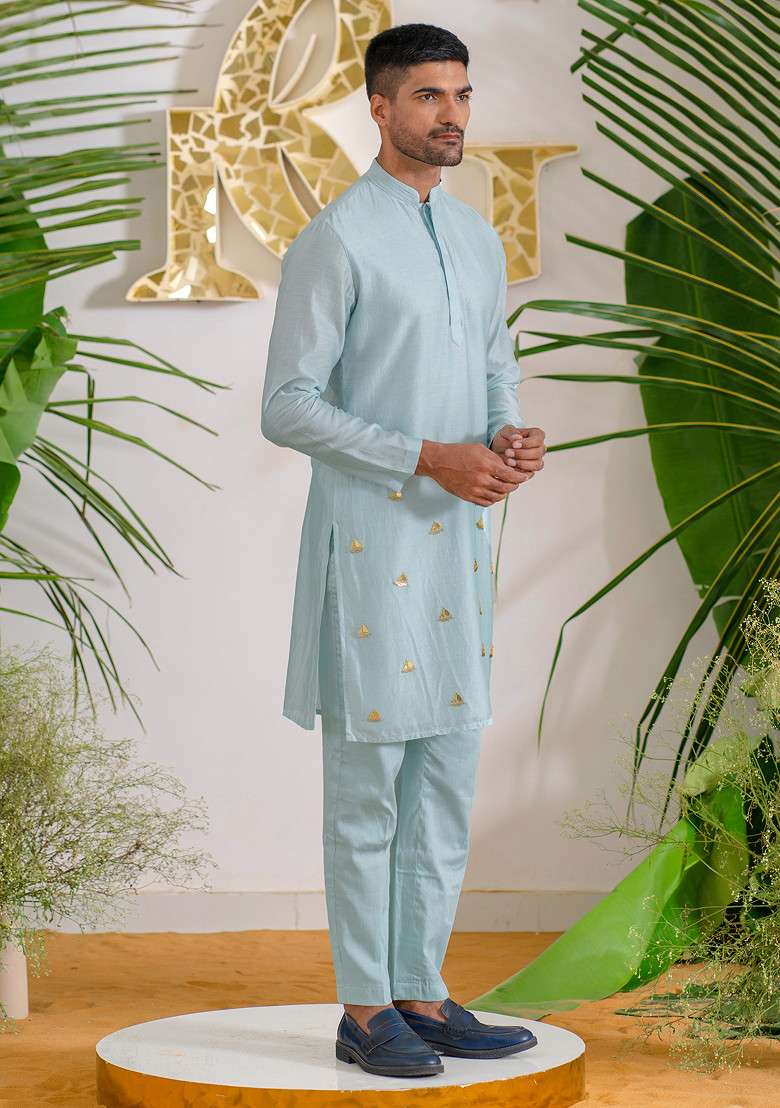 Aqua Blue Hand Embroidered Vegan Silk Blend Kurta Set For Men - Indya