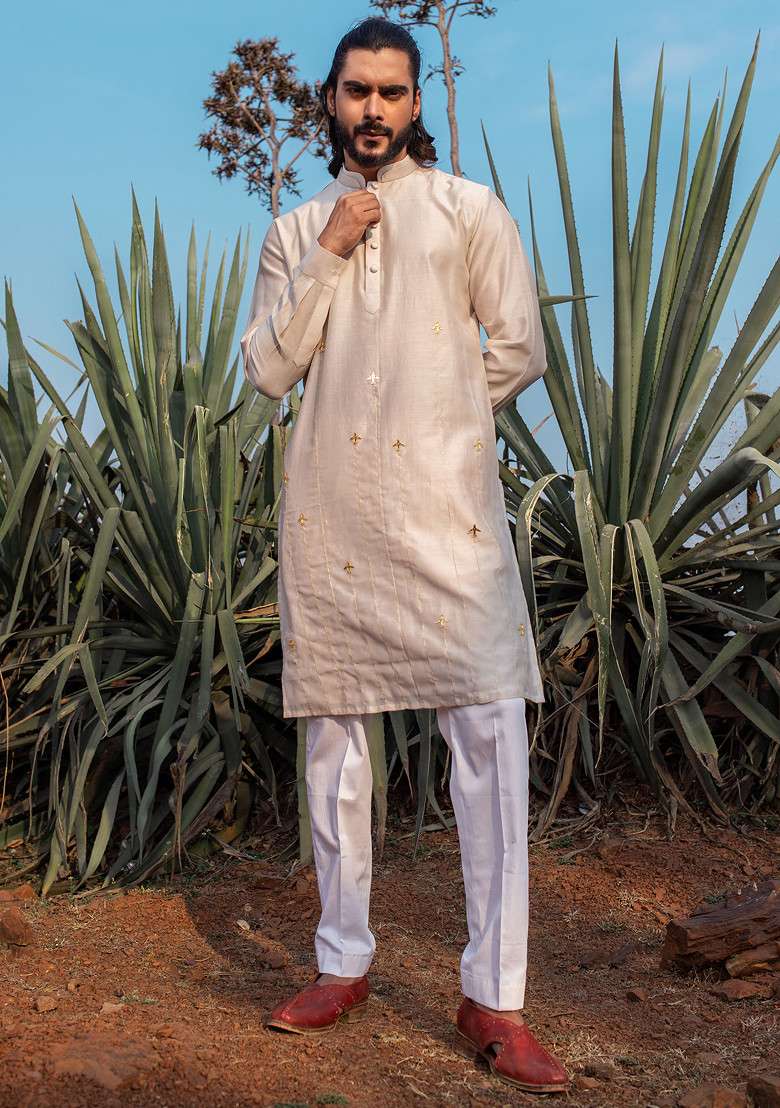 Ivory Hand Embroidered Vegan Silk Blend Kurta Set For Men - Indya