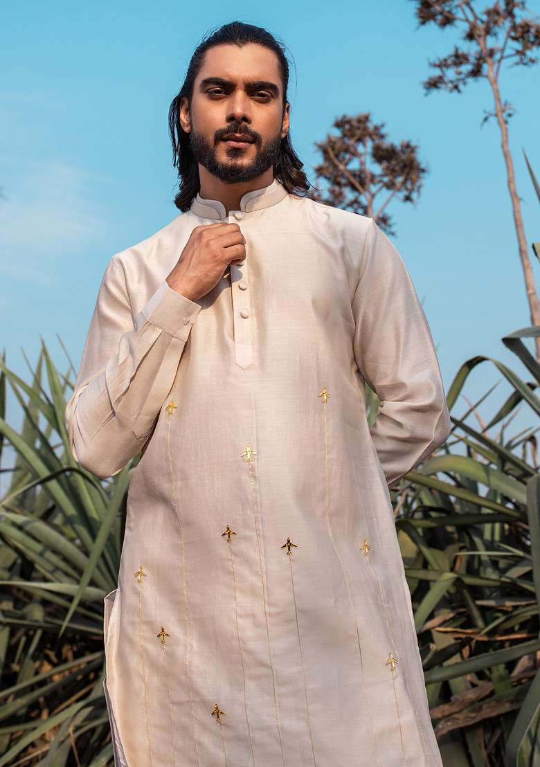 Ivory Hand Embroidered Vegan Silk Blend Kurta Set For Men - Indya