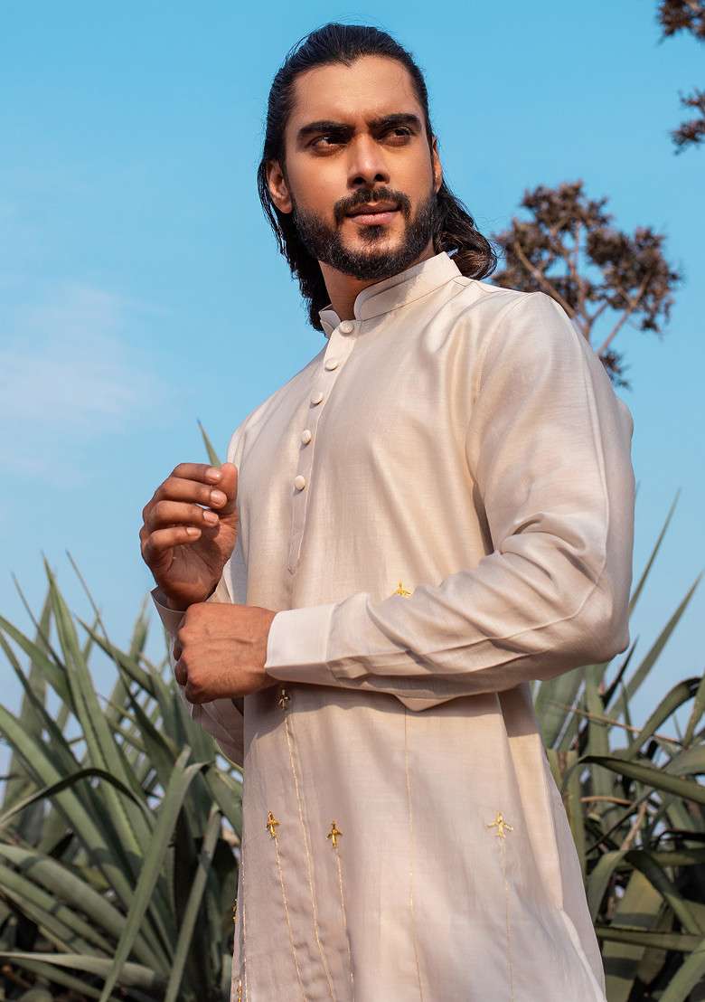 Ivory Hand Embroidered Vegan Silk Blend Kurta Set For Men - Indya
